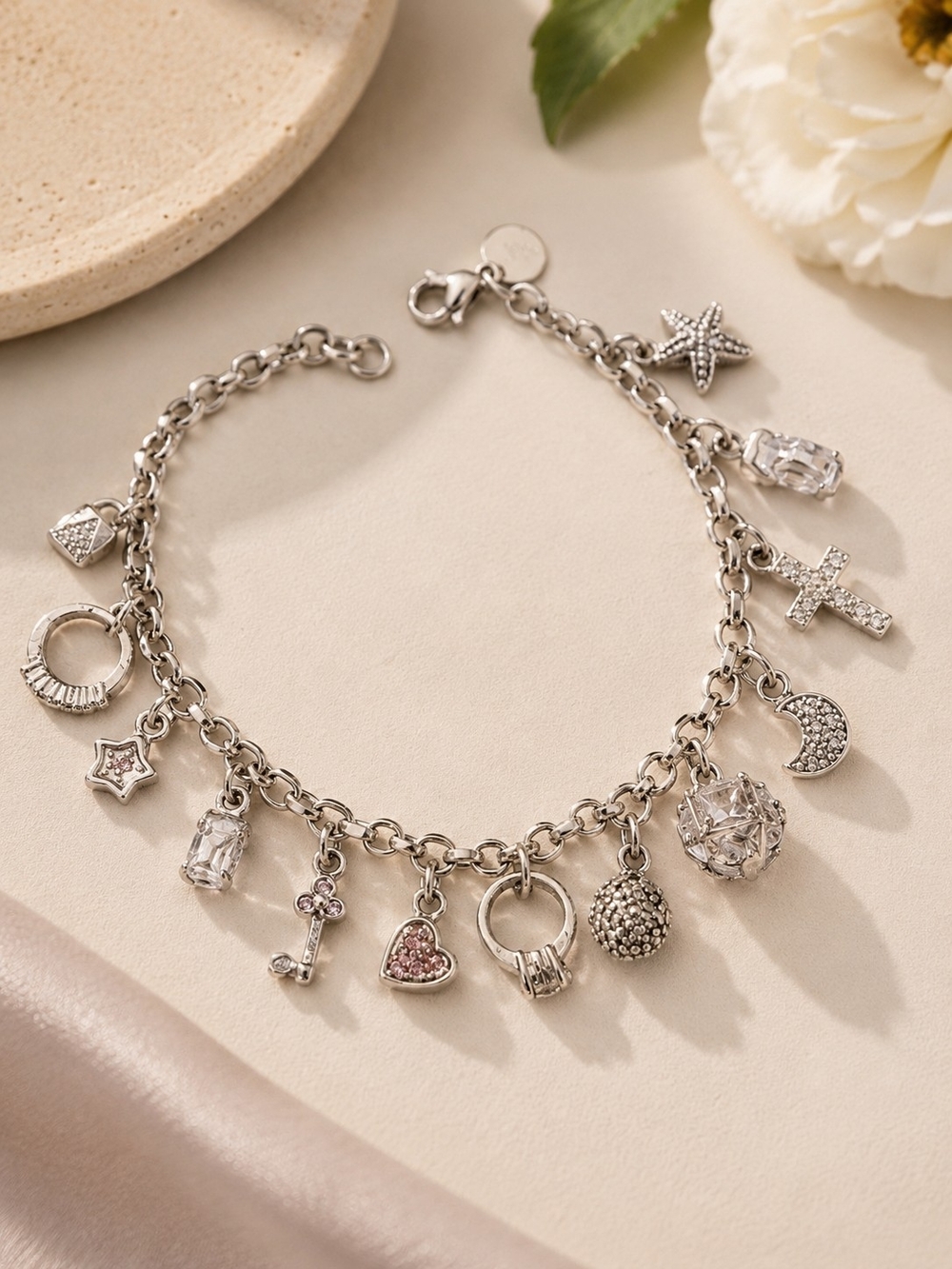Silver Charm Bracelet with Crystal & Pink Accent Charms